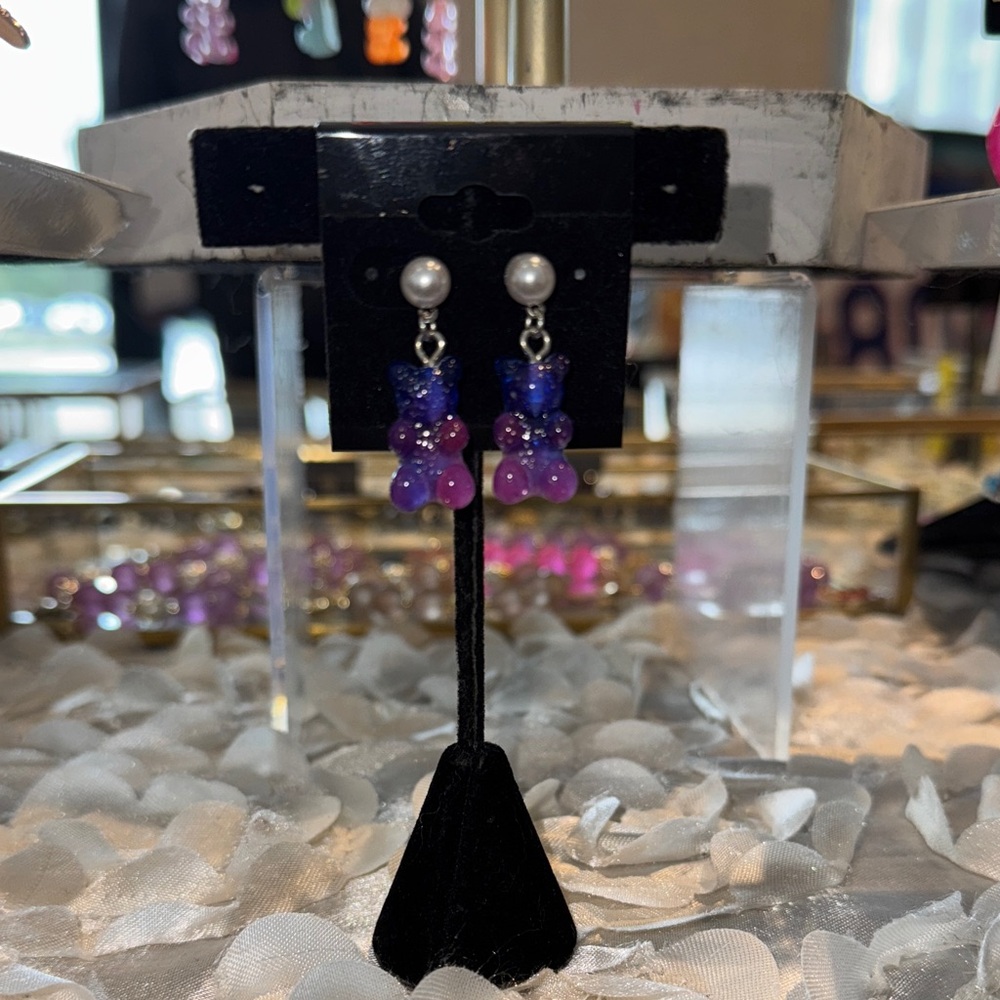 Purple and Pink Beaded Bear Earrings